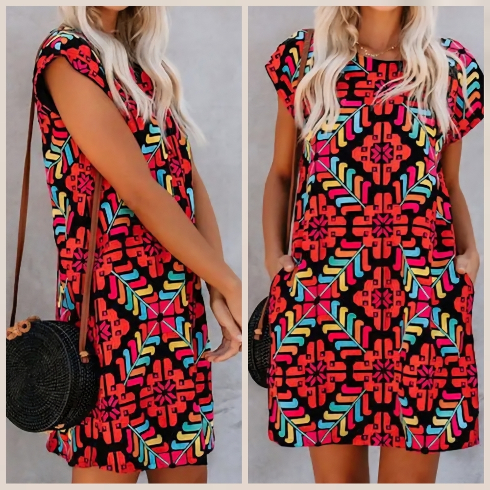 J.Marie Embroidered Shift Dress Vacation Resortwear Bright Mexico Geometric Sz S - Picture 2 of 12